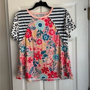 MISSLOOK Floral and Striped Blouse - Pink, Blue, Black